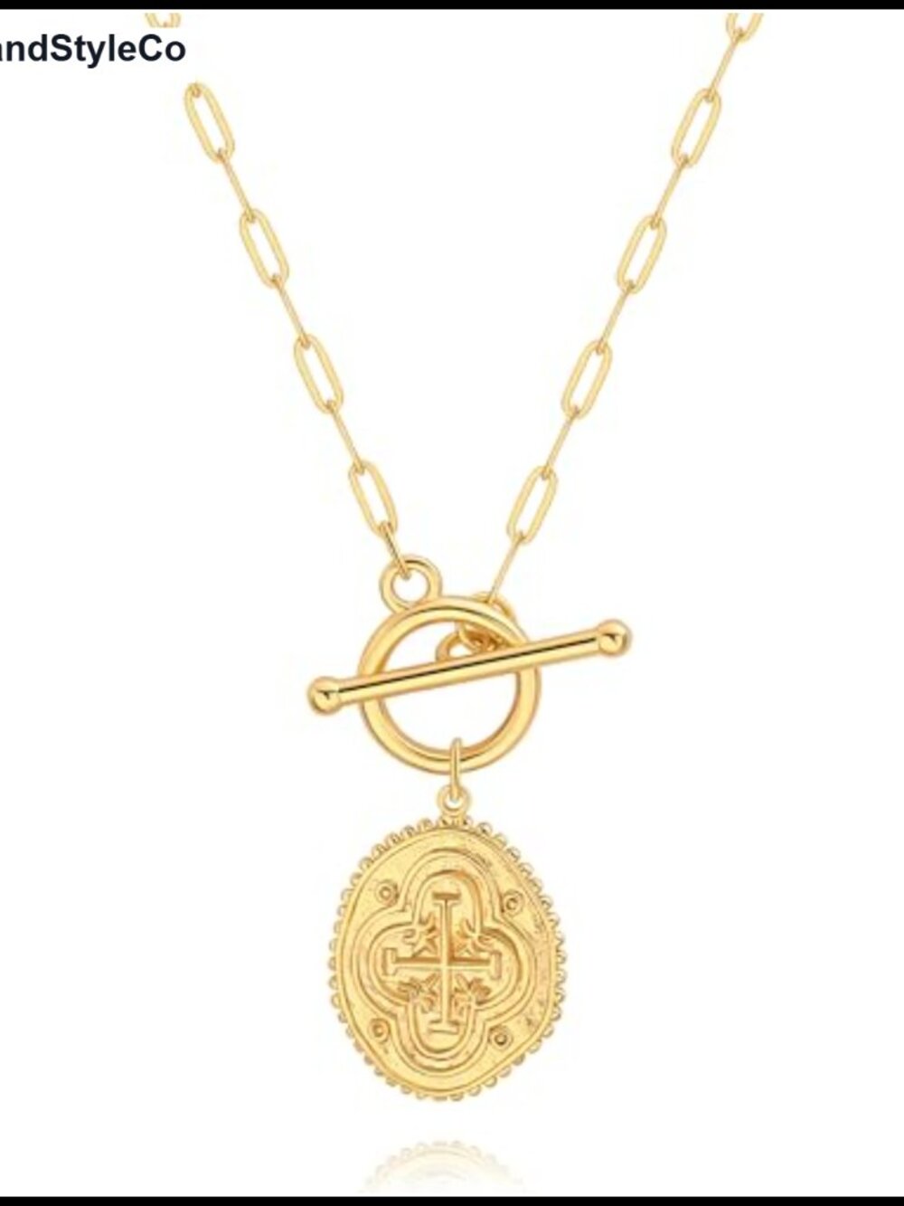 18K Gold Plated Pendant Necklace Medallion Cross Link Chain Toggle Clasp Women